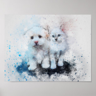 Waterverf Mix Media Kitten en Puppy Buddies Poster