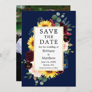 Waterverf Mixed Floral Foto Terug Goud Blauw Save The Date
