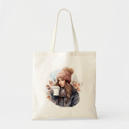 Waterverf mode winter meisje met koffie tote bag