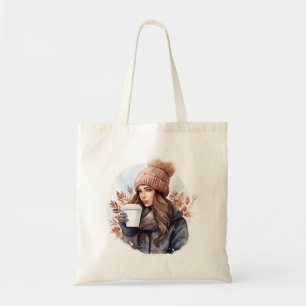 Waterverf mode winter meisje met koffie tote bag