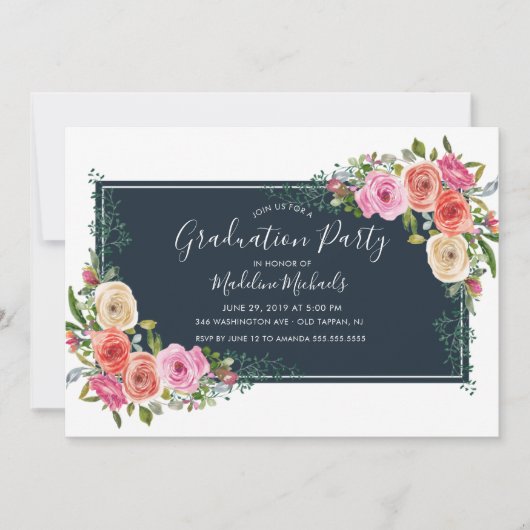 Waterverf Modern Floral Afstuderen Invitation Kaart (Voorkant)