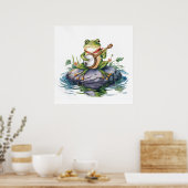 Waterverf Modern Green Frog met gitaar op rock 2 Poster (Keuken)