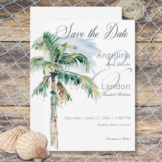 Waterverf Modern Palms & Beach Scene Save The Date