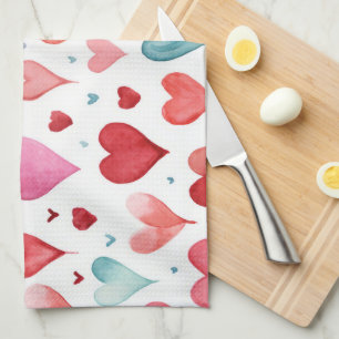 Waterverf Modern Rood Roze Blauw Hartpatroon Theedoek