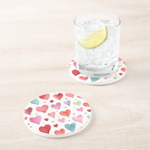 Waterverf Modern Rood Roze Blauw Hartpatroon Zandsteen Onderzetter