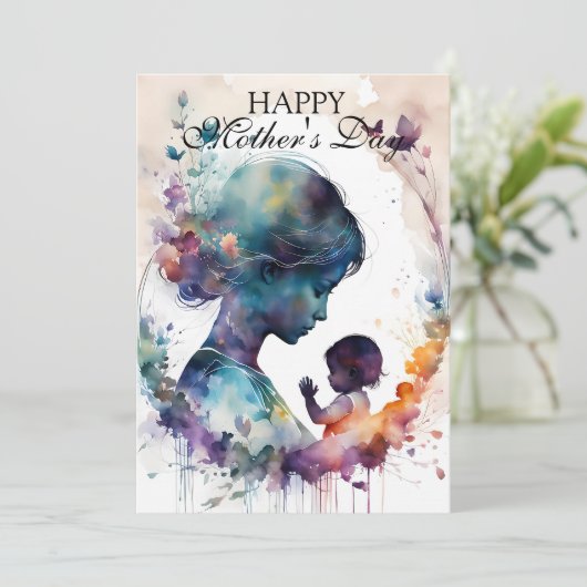 Waterverf moeder en kind silhouet kunst kaart (Staand voorkant)