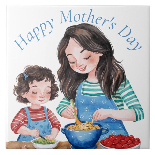 Waterverf moeder en kind voedsel prepping ontwerp tegeltje (Voorkant)