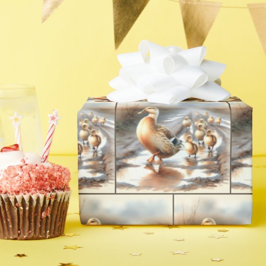 Waterverf moedereend met eendjes cadeaupapier (Verjaardagsfeest)