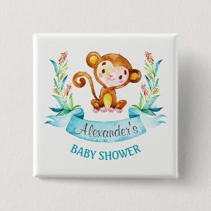 Waterverf Monkey Boy Baby shower Vierkante Button 5,1 Cm