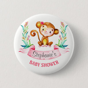 Waterverf Monkey Girl Baby shower Ronde Button 5,7 Cm