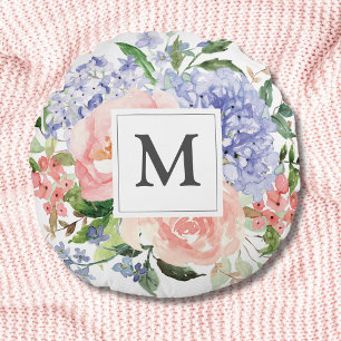 Waterverf Monogram Blauw Roze Lente Bloemen Rond Kussen