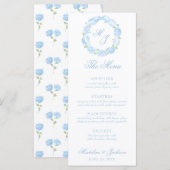 Waterverf Monogram Blauwe Hydrangea Krans Trouwen Menu (Voorkant / Achterkant)