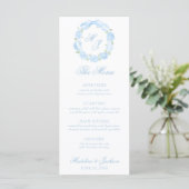 Waterverf Monogram Blauwe Hydrangea Krans Trouwen Menu (Staand voorkant)