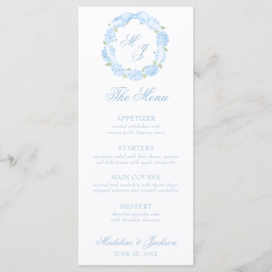 Waterverf Monogram Blauwe Hydrangea Krans Trouwen Menu (Voorkant)