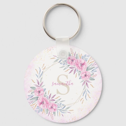 Waterverf Monogram Blush Pink Flowers Sleutelhanger (Voorkant)