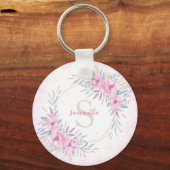 Waterverf Monogram Blush Pink Flowers Sleutelhanger (Voorkant)
