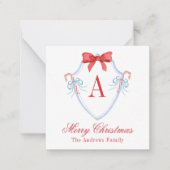 Waterverf Monogram Bow Candy Cane Crest Notitiekaartje (Voorkant)
