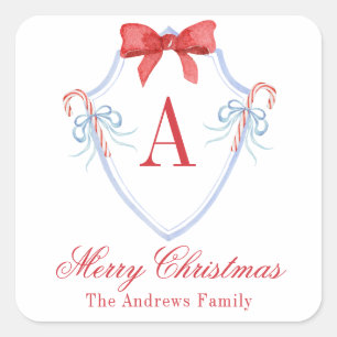 Waterverf Monogram Bow Candy Cane Crest Vierkante Sticker