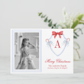 Waterverf Monogram Candy Cane Crest Foto Feestdagenkaart (Staand voorkant)