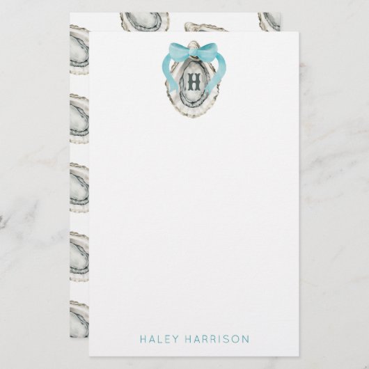Waterverf monogram Coastal Blue Bow Oyster Briefpapier (Voorkant / Achterkant)