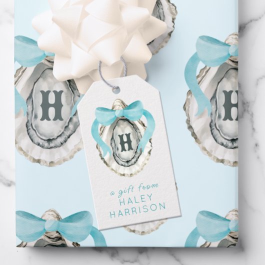 Waterverf monogram Coastal Blue Bow Oyster Cadeaulabel