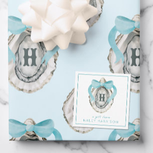 Waterverf monogram Coastal Blue Bow Oyster Notitiekaartje