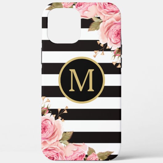 Waterverf Monogram Floral Black en White Stripes Case-Mate iPhone Case (Achterkant)