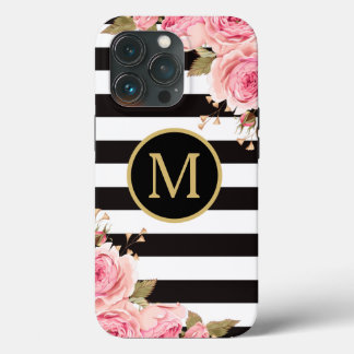 Waterverf Monogram Floral Black en White Stripes iPhone 13 Pro Hoesje