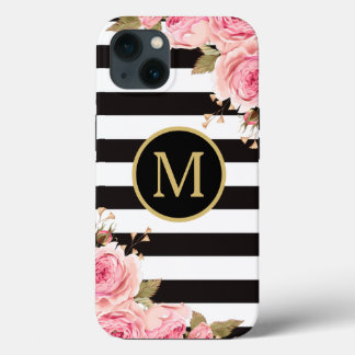 Waterverf Monogram Floral Black en White Stripes iPhone 13 Hoesje