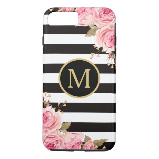 Waterverf Monogram Floral Black en White Stripes Case-Mate iPhone Case (Achterkant)