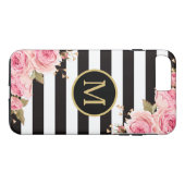 Waterverf Monogram Floral Black en White Stripes Case-Mate iPhone Case (Achterkant (Horizontaal))