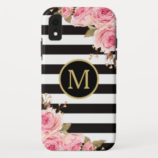 Waterverf Monogram Floral Black en White Stripes iPhone XR Hoesje