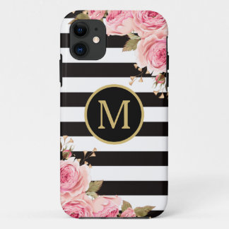 Waterverf Monogram Floral Black en White Stripes iPhone 11 Hoesje