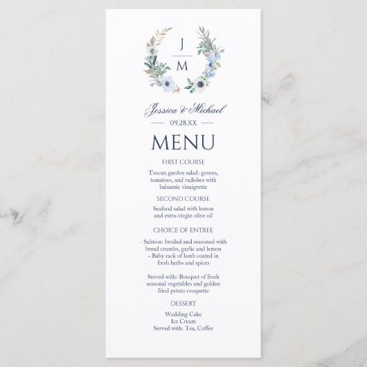 Waterverf Monogram Floral Wreath Wedding Menu (Voorkant)
