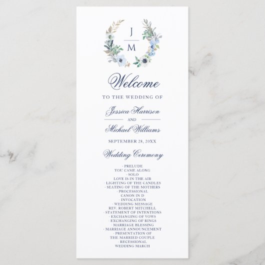 Waterverf Monogram Floral Wreath Wedding Programma (Voorkant)