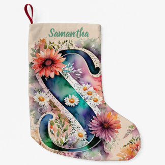 Waterverf Monogram Gepersonaliseerde Bloemen Roos Kleine Kerstsok
