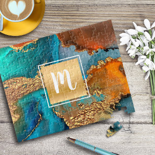 Waterverf-monogram goudturquoise & sinaasappel legpuzzel