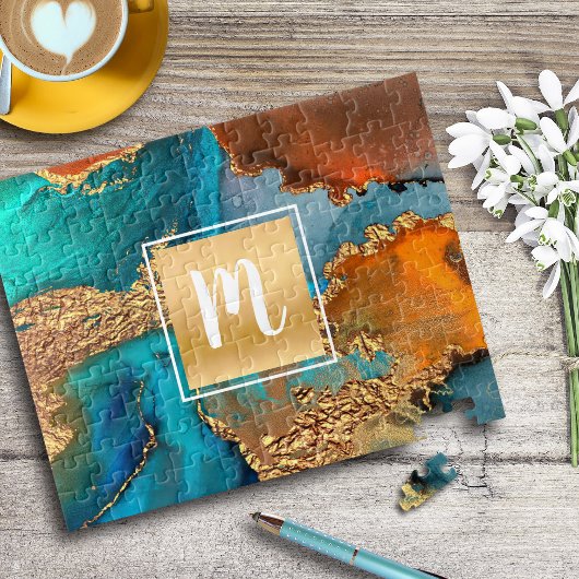 Waterverf-monogram goudturquoise & sinaasappel legpuzzel