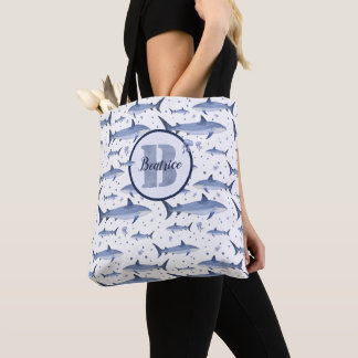 Waterverf monogram haaienpatroon met naam wit draagtas