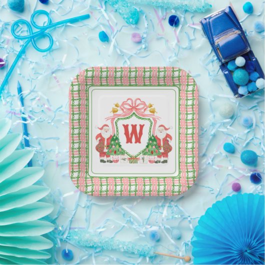 Waterverf Monogram Initiaal Plaid Santa Crest Papieren Bordje (Feest)