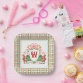 Waterverf Monogram Initiaal Plaid Santa Crest Papieren Bordje (Feest)