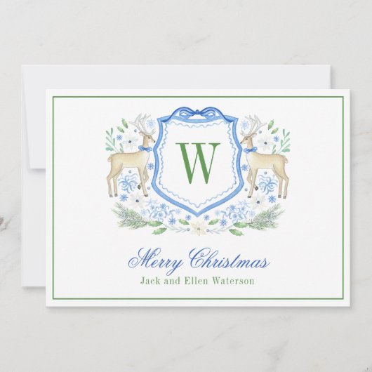 Waterverf Monogram Initiaal Rendier Crest Feestdagenkaart (Voorkant)