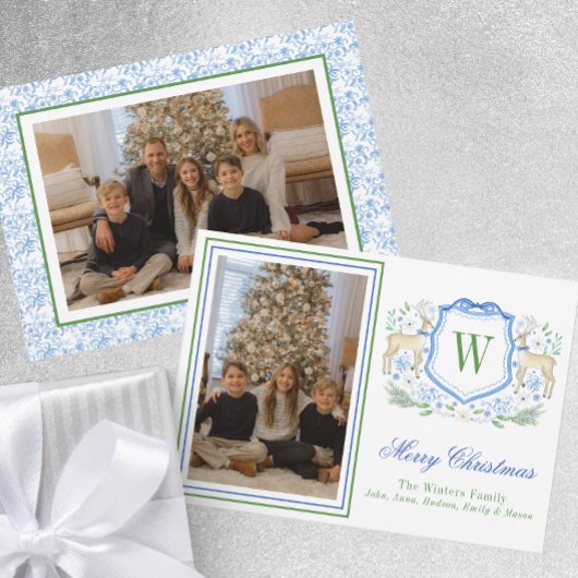 Waterverf Monogram Initiaal Rendier Crest Foto Feestdagenkaart