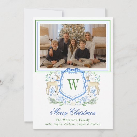 Waterverf Monogram Initiaal Rendier Crest Foto Feestdagenkaart (Voorkant)