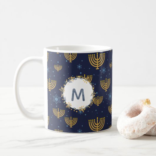 Waterverf Monogram Marine Blauw + Chanoeka Patroon Koffiemok (Met donut)