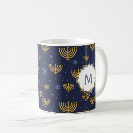 Waterverf Monogram Marine Blauw + Chanoeka Patroon Koffiemok (Voorkant rechts)
