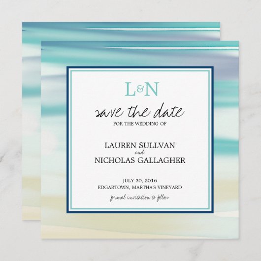 Waterverf Monogram oceaan Opslaan Datum Save The Date (Voorkant / Achterkant)