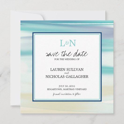 Waterverf Monogram oceaan Opslaan Datum Save The Date (Voorkant)
