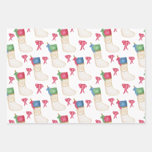 Waterverf Monogram Personaliseer Kerstmis kous Inpakpapier Vel (Voorkant 2)