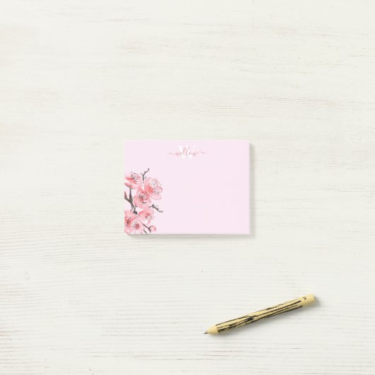 Waterverf monogram roze Cherry Blossom Post-it® Notes (Op bureau)